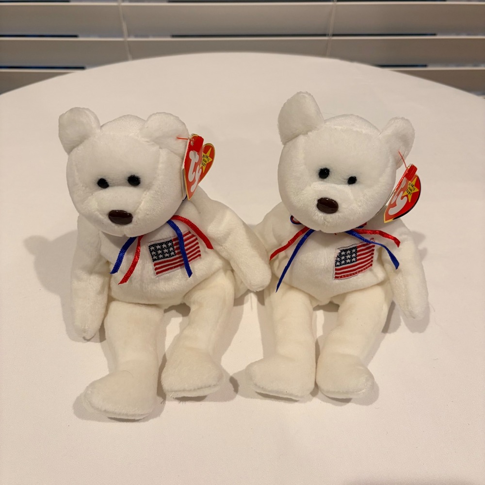 Ty Beanie Babies Libearty the Bear 1996 Set of 2 White American Flag Plush 4057